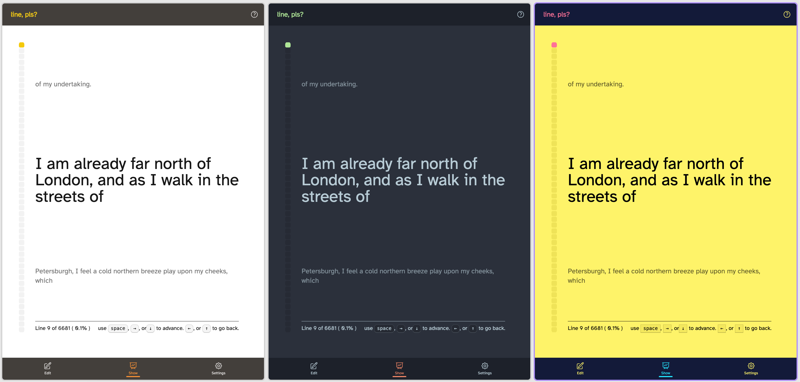 side-by-side of several color scheme options for a line-by-line text reading interface