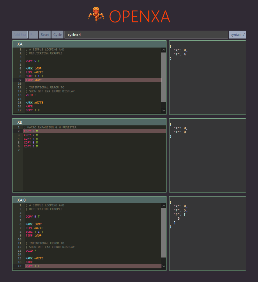 screenshot of OpenXA - several code editors are visible, and the values of data registers are displayed next to each